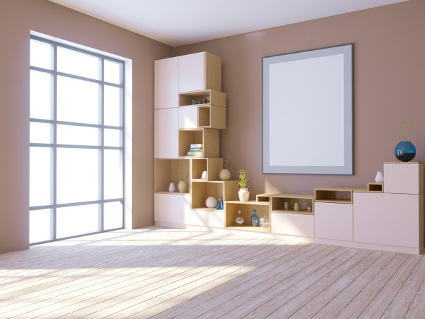 现代明亮的室内与空框架。3D渲染3D插图图片下载