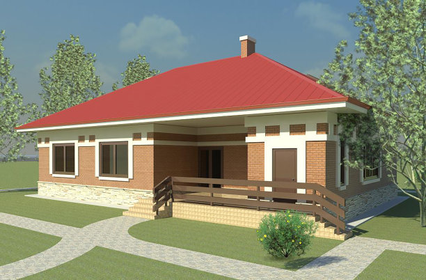 位于景观地块上的时尚平房。3 d渲染。彩色插图。图片下载