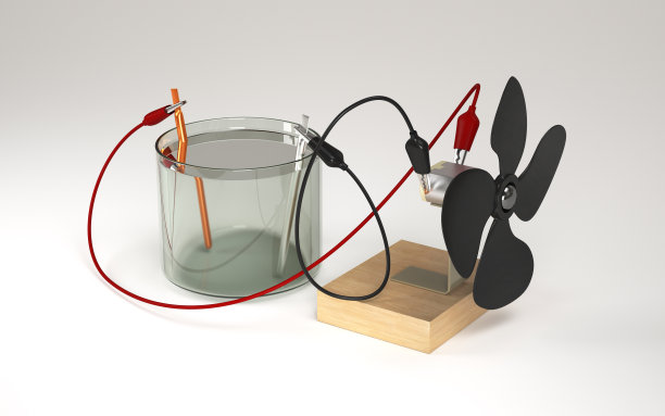 电动机以电解水产生的电能运行。化学教育。3 d渲染。图片下载