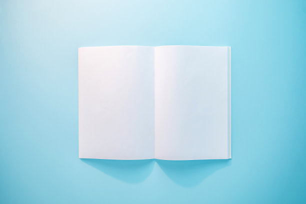 空白杂志，笔记本，小册子，小册子或书与软封面模型模板在阳光下的蓝色背景图片下载