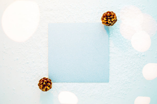 银光闪闪的方形拷贝空间，雪地上有松果素材图片