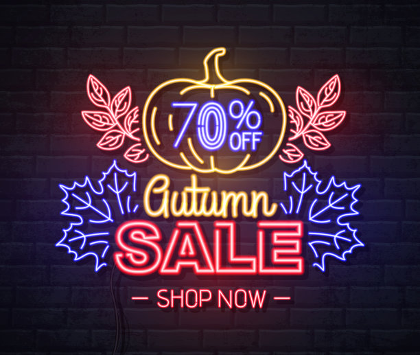 霓虹灯标志秋季大甩卖与南瓜在砖的背景。老式电动招牌。图片下载