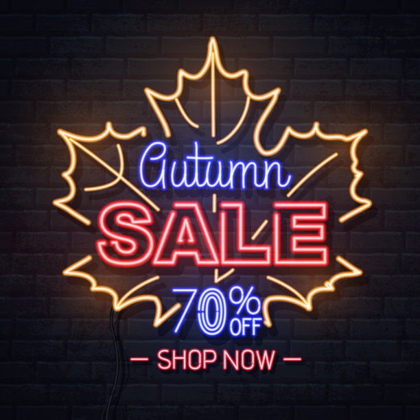 霓虹灯标志秋季大甩卖与枫叶在砖的背景。老式电动招牌。图片下载