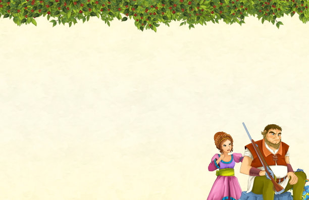 卡通场景与年长的男人，农民或猎人与一些公主在森林里交谈-与文字的空间图片下载