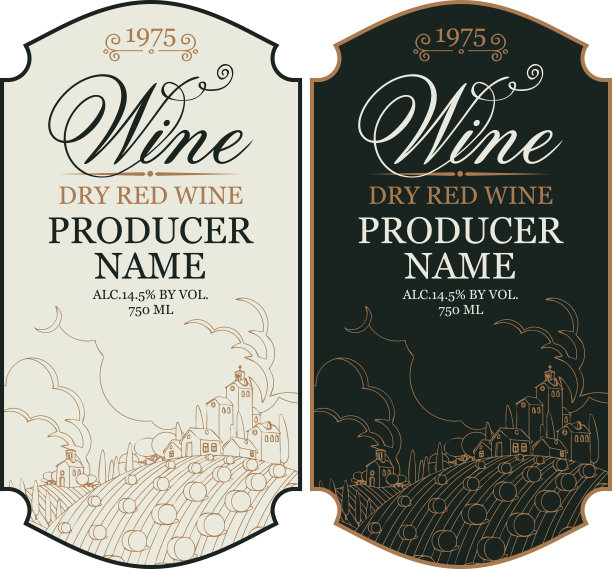 一套葡萄酒标签与欧洲乡村景观图片下载