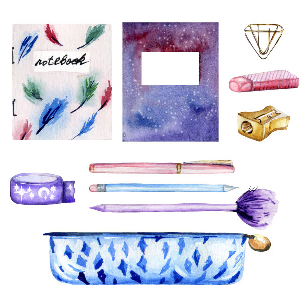 水彩手绘学校文具套图片下载