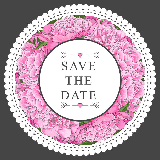 粉红色牡丹花束，圆形，镂空边，上面贴花。图片下载