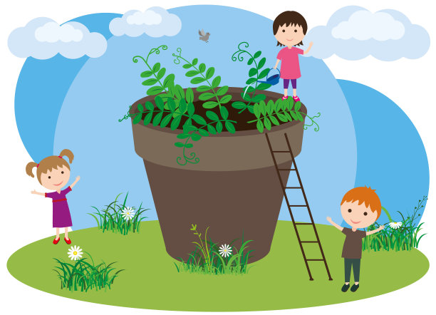 孩子们种花。小女孩在大花盆里给植物浇水。图片下载