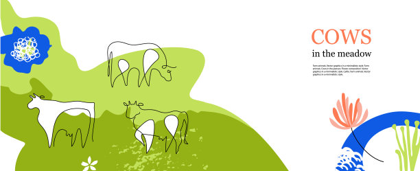 水平农业旗帜。用一条线画的牛。图片下载