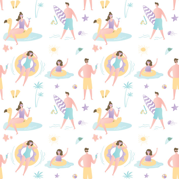 沙滩上各种各样的人，穿着泳衣摆出各种姿势的男人和女人，图片下载