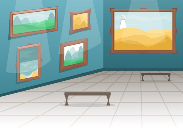 美术博物馆。大厅里挂着镀金长棍画，用栅栏隔开。古典艺术。图片下载