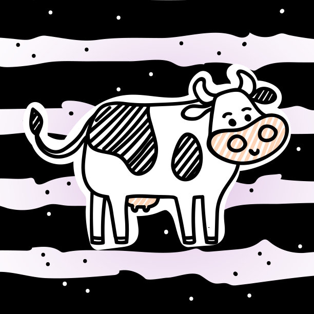 矢量插图，线条卡通站斑点牛。手绘，剪纸艺术风格，条纹背景。适用于包装、海报、标签设计、横幅、传单等。图片下载
