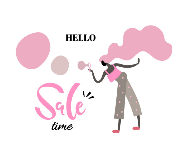 矢量插画，时尚平面卡通女孩吹泡泡。“Hello Sale time”字样。适用于海报、网络横幅等春季活动理念。图片下载