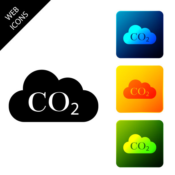 二氧化碳排放在云图标隔离。二氧化碳公式符号，雾霾污染概念，环境概念，燃烧产物。设置图标彩色方形按钮。矢量图图片下载