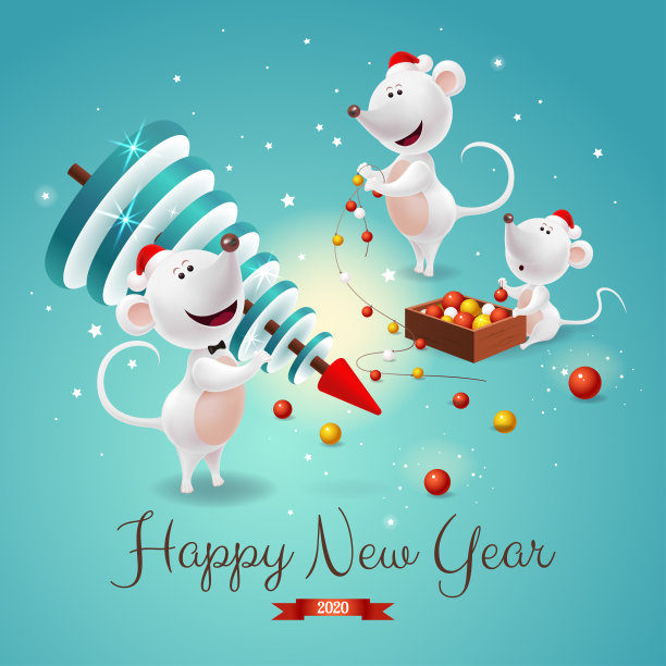 带有2020年新年标志的横幅-中国日历上的白色老鼠家庭，圣诞树和蓝色背景上的装饰。节日贺卡或祝贺。图片下载