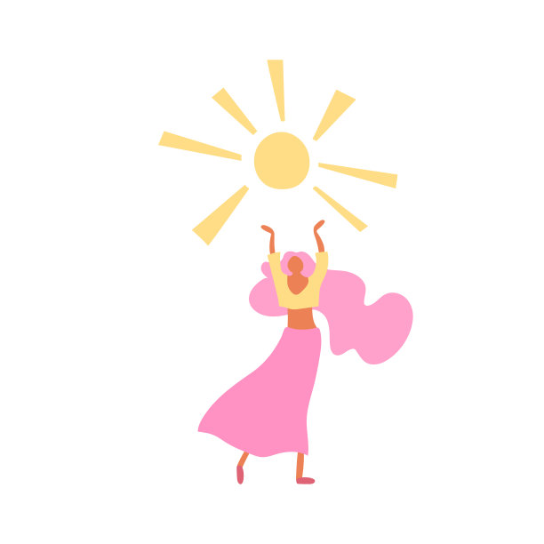 矢量插图，扁平卡通女人与长粉红色头发举起手，欢迎太阳。图片下载