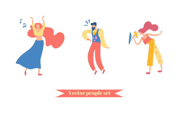 矢量插画，时尚平面卡通人物集:孤立的男女跳舞，使时间管理，闻花。手绘。暖色，包括珊瑚色(2019年流行色)。图片下载