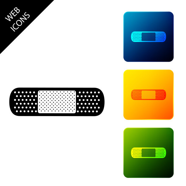 绷带石膏图标隔离在白色背景。医用石膏、胶粘绷带、弹性织物绷带。设置图标彩色的方形按钮。矢量图图片下载