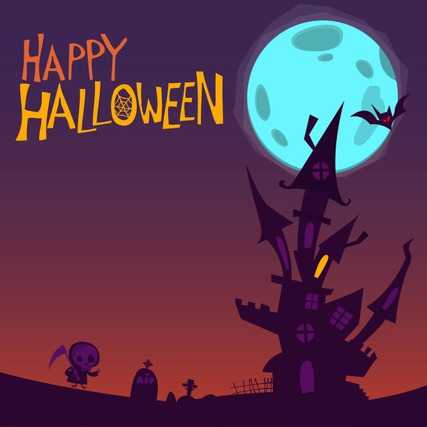 卡通鬼屋在夜晚的背景与满月背后图片下载