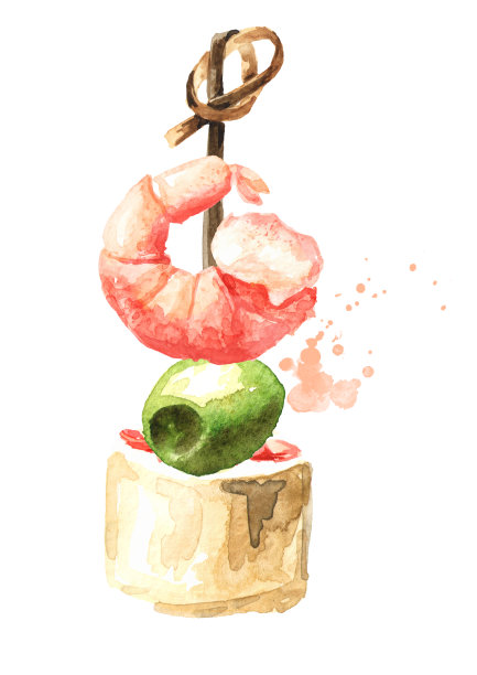 节日餐桌上的开胃菜。奶油芝士、橄榄和虾的迷你开胃小菜。水彩手绘插图孤立的白色背景图片下载