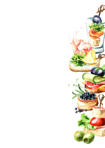 节日餐桌上的开胃菜。迷你开胃小菜模板。水彩手绘插图孤立的白色背景图片下载