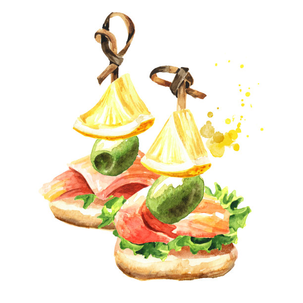 节日餐桌上的开胃菜。配有新鲜三文鱼片、橄榄和柠檬片的迷你开胃小菜。水彩手绘插图孤立的白色背景图片下载
