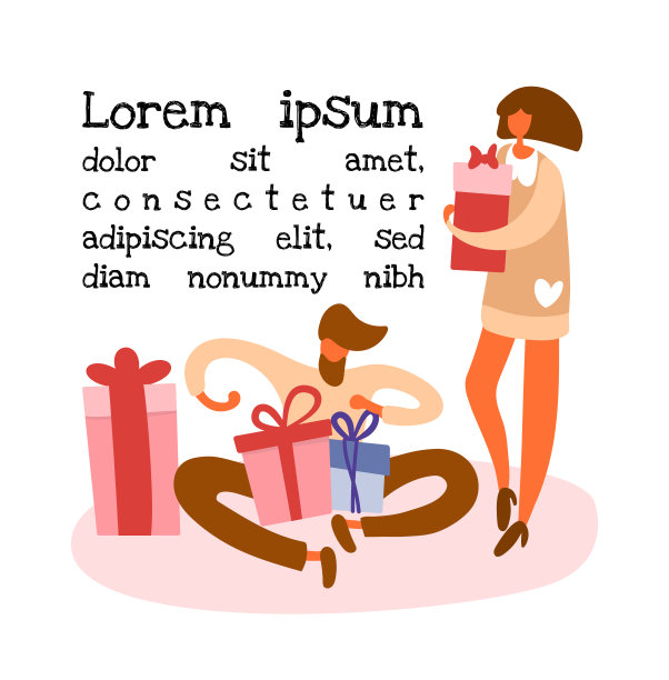 扁平的卡通大胡子男子坐在地板上，打开礼盒等待惊喜，站着的女孩带着礼物准备寒假。孤立矢量插图，lorem ipsum文本。图片下载