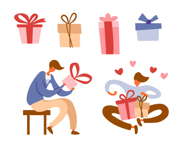 扁平的卡通男人们喜欢坐着拿着带蝴蝶结的礼品盒，想知道里面有什么。矢量插图包。图片下载