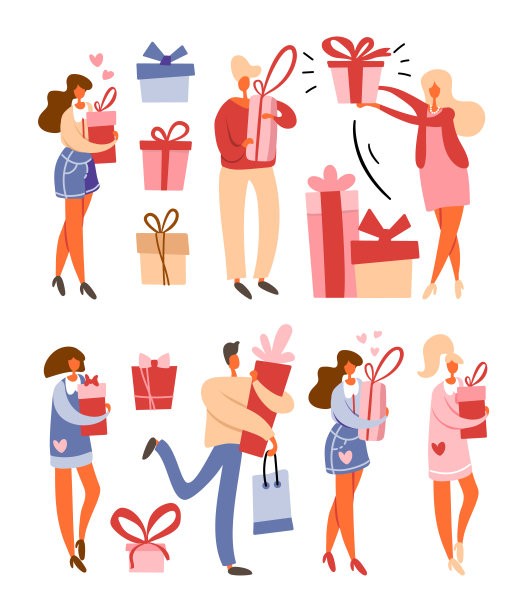扁平的卡通人物收集拿着礼盒与蝴蝶结和购物袋从购买。男人和女人准备庆祝或节日，行走和站立。孤立的矢量图。图片下载
