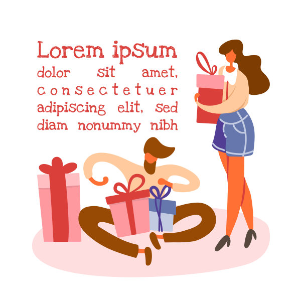 扁平的卡通大胡子男子坐在地板上，打开礼盒等待惊喜，站着的女孩带着礼物准备寒假。孤立矢量插图，lorem ipsum文本。图片下载
