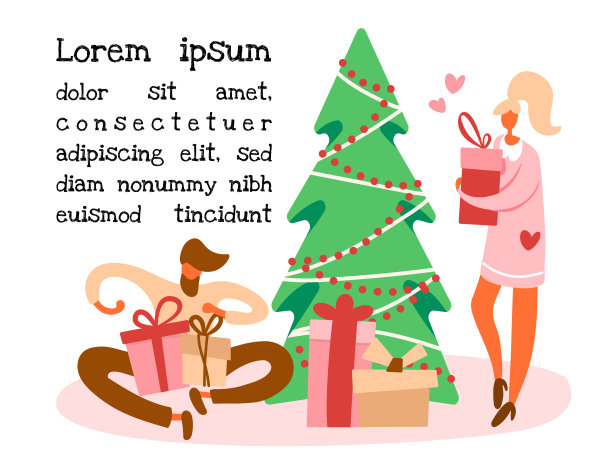 扁平的卡通男子坐在圣诞树附近的地板上，打开带蝴蝶结的礼盒，站着的女孩带着礼物准备寒假。矢量插图，lorem ipsum文本。图片下载