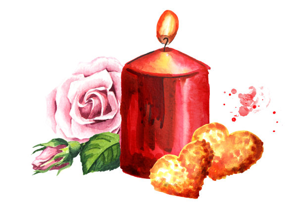 爱和浪漫。2金色的心、蜡烛和玫瑰。结婚的概念。水彩手绘插图孤立的白色背景图片下载