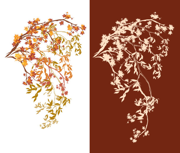 秋天的树枝向量设计集色彩和剪影树叶装饰图片下载