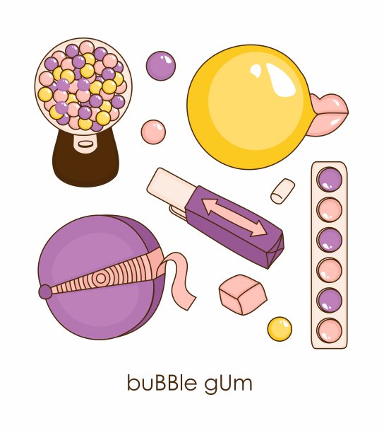 可爱的泡泡糖插图。矢量设置与手绘涂鸦的主题食物。设计使用的草图。图片下载