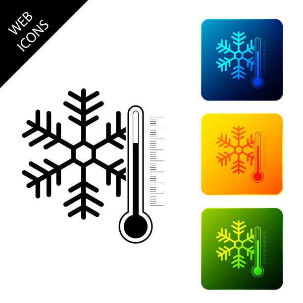 带有雪花图标的隔离温度计，设置彩色方形按钮图标，矢量图图片下载