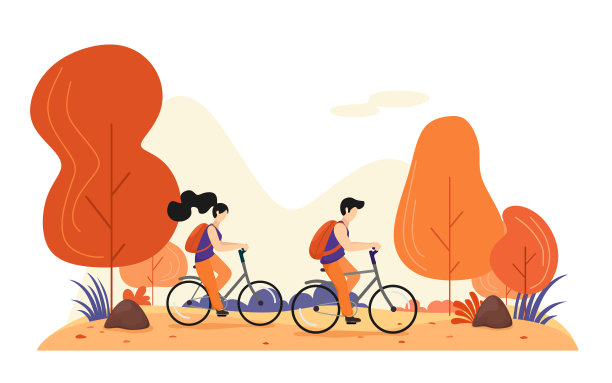 一个女孩和一个男孩骑自行车穿过秋天的森林。矢量平面风格插图的趋势颜色。图片下载