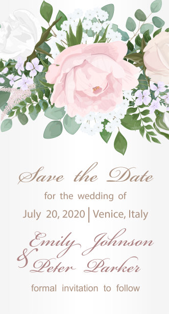 婚礼请柬用花牡丹和叶，水彩，孤立上白。图片下载