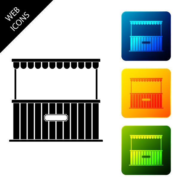 街道摊位与遮阳篷和木架图标孤立。有木架子的亭。设置图标彩色的方形按钮。矢量图图片下载