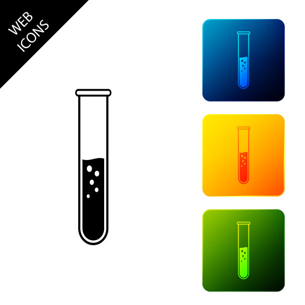 试管和烧瓶。化学实验室测试图标隔离。设置图标彩色的方形按钮。矢量图图片下载