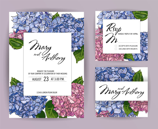 一套婚礼请柬，绣球花邀请A5卡片设计:手绘彩色马克笔画笔插图。涂鸦素描线在霍坦西亚上白色背景框打印。矢量菜单，rsvp集合图片下载