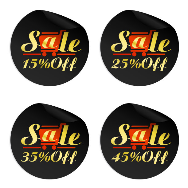 黑色贴纸，15%，25%，35%，45%折扣，红色购物车图片下载