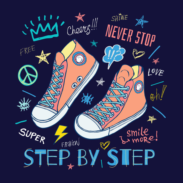 永不停步，步步励志标语运动鞋为t恤。街头时尚运动风格的鞋子刻字涂鸦信息。手绘矢量插图。图片下载