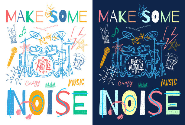 音乐标语图形为t恤设计海报复古印花。收音机，耳机，麦克风，音符，摇滚乐，音乐派对。手绘矢量插图。图片下载