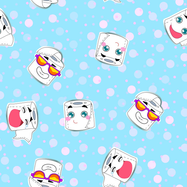 矢量插图，卫生纸无缝图案。快乐的微笑，卡通风格，可爱的淡蓝色背景。适用于包装纸设计，纺织品，儿童概念等。图片下载