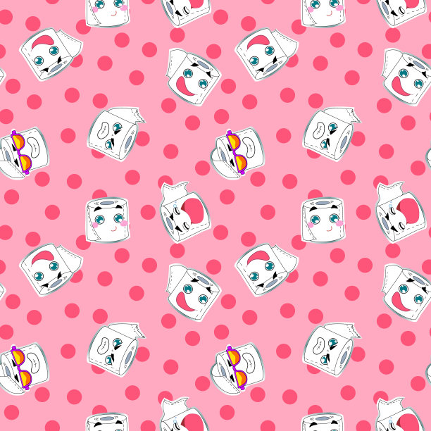 矢量插图，卫生纸无缝图案。快乐的微笑，卡通风格，可爱的粉色背景。适用于包装纸设计，纺织品，儿童概念等。图片下载