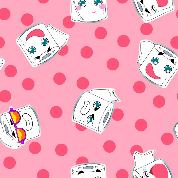 矢量插图，卫生纸无缝图案。快乐的微笑，卡通风格，可爱的粉色背景。适用于包装纸设计，纺织品，儿童概念等。图片下载