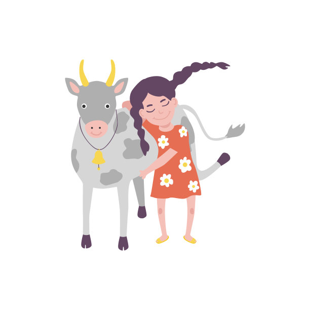 扁平的少女拥抱牛家宠物图片下载