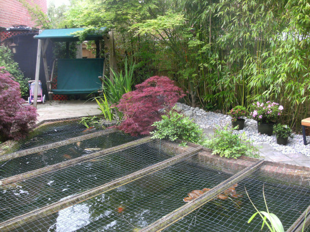 带有日本元素的花园木制秋千椅形象，花岗岩灯笼，木装饰，鹅卵石，盆景和日本枫树(槭树)图片下载