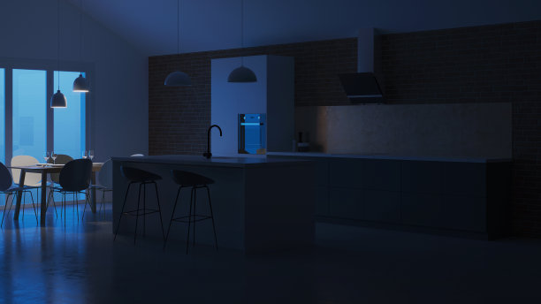 私人住宅厨房的内部。白灰色斯堪的纳维亚风格的厨房。的夜晚。晚上照明。3 d渲染。图片下载