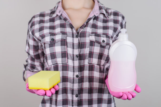 盘子清，盘子洗，泡沫脏，休闲格子衬衫，粉红布人，人们的家庭观念。特写照片的漂亮女士展示黄色海绵瓶孤立在灰色的背景图片下载